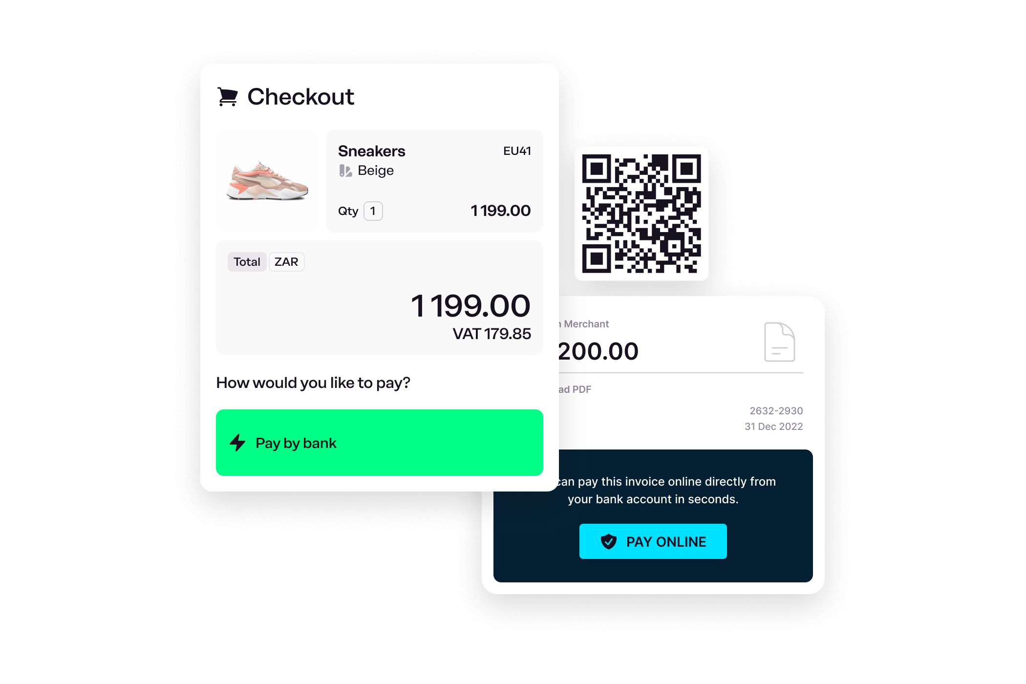 Stitch Pay by bank in a checkout screen, with QR code or payment link